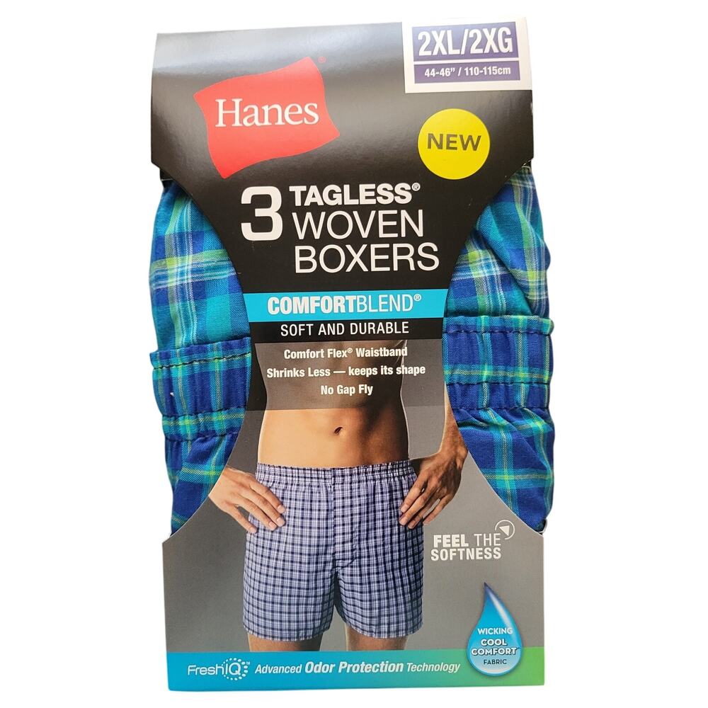 Hanes Tagless Woven Boxers - Blue Plaid - 2XL (44-46) - 3 Pack
